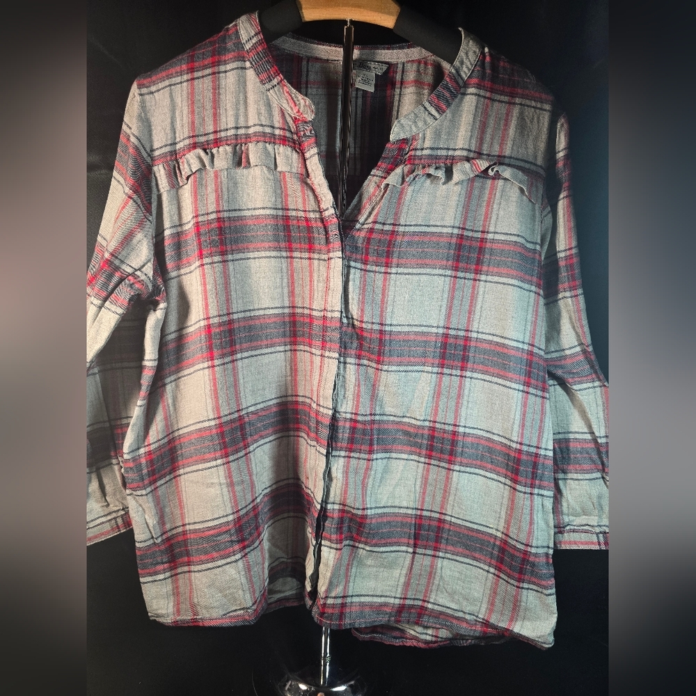 GH‎ Bass Co Womens XL Red Blue Plaid Flannel Ruffle Trim Split Neck Blouse Top